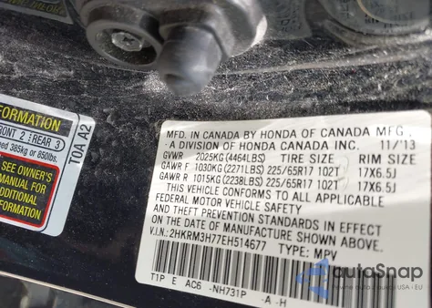 2014 Honda Cr-V Ex-L from USA, damaged, VIN 2HKRM3H77EH514677